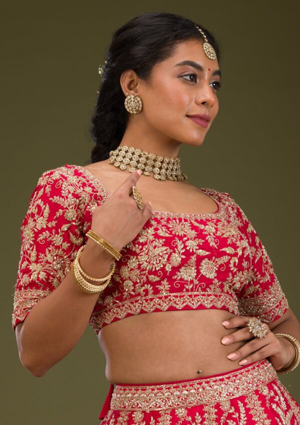 Red Zariwork Raw Silk Readymade Lehenga - Image 2