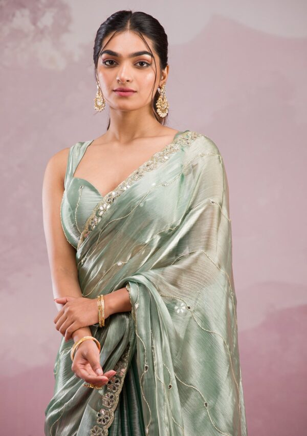 Sea Green Mirrorwork Georgette Saree - Image 4
