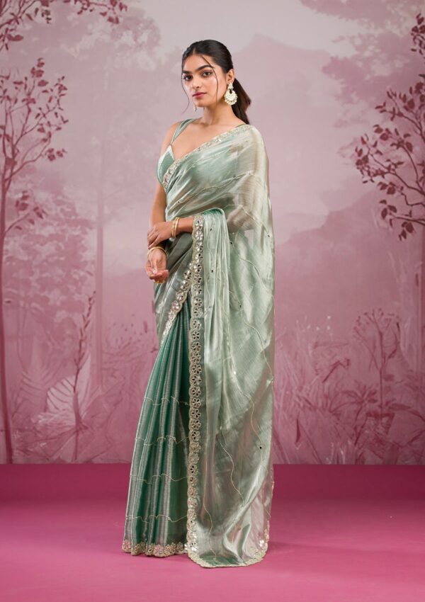 Sea Green Mirrorwork Georgette Saree - Image 3