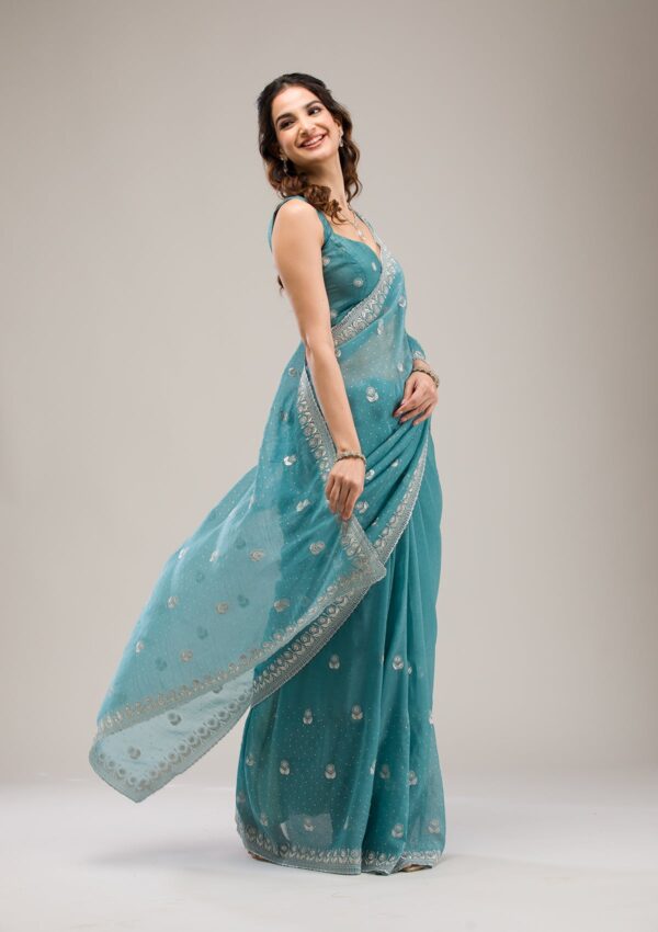 Sea Green Zariwork Tissue Saree - Image 2