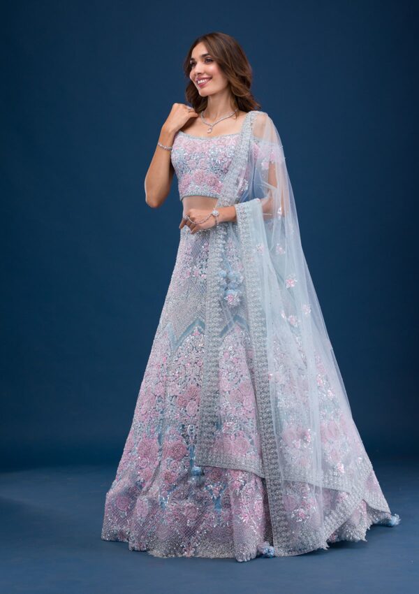 Sky Blue Pearlwork Net Readymade Lehenga - Image 4