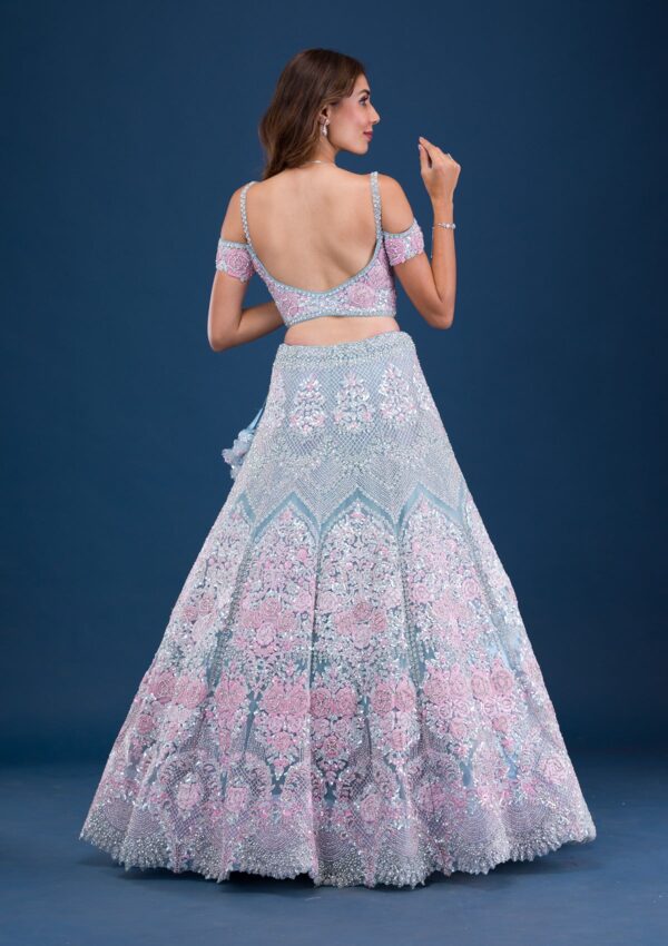 Sky Blue Pearlwork Net Readymade Lehenga - Image 3