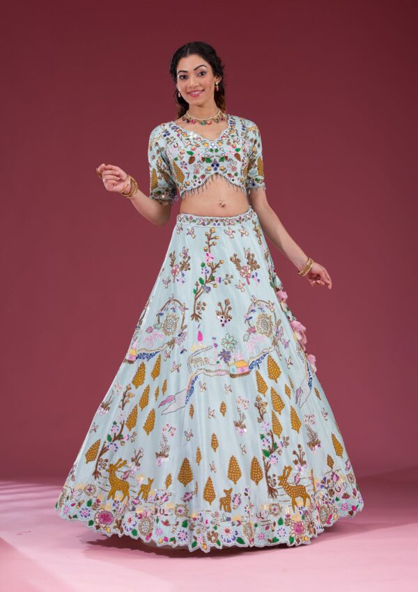 Sky Blue Threadwork Raw Silk Readymade Lehenga - Image 4