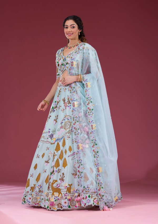 Sky Blue Threadwork Raw Silk Readymade Lehenga - Image 3