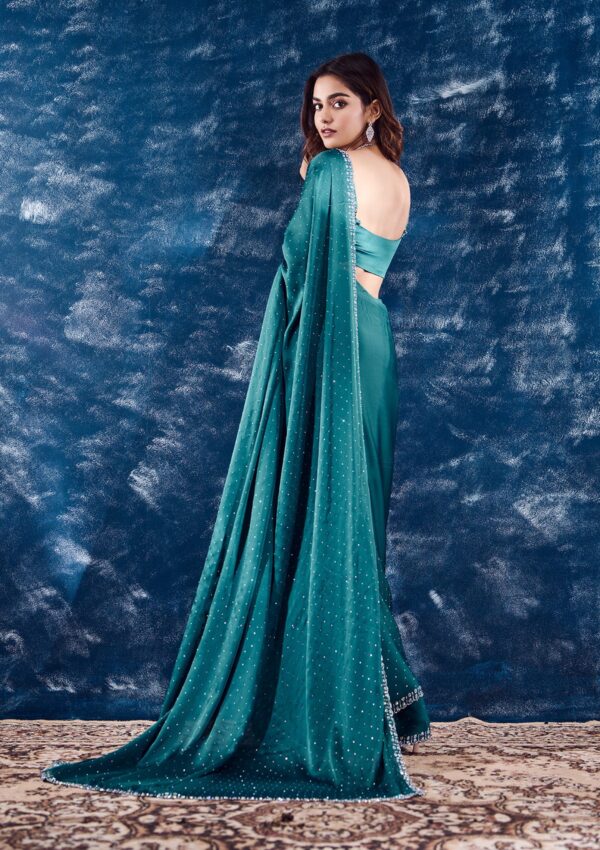 Turquoise Blue Stonework Satin Designer Saree - Image 4