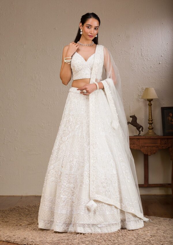 White Pearlwork Net Readymade Lehenga - Image 4