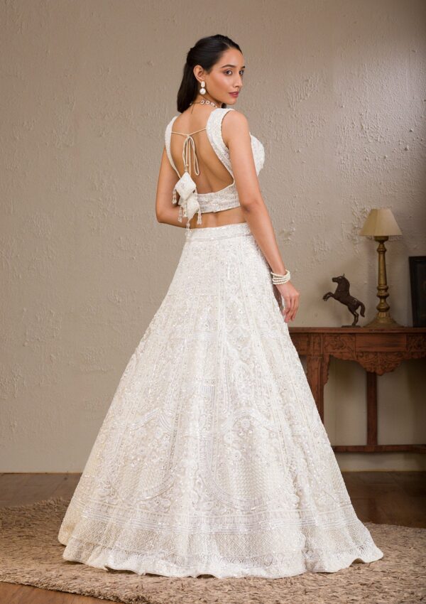 White Pearlwork Net Readymade Lehenga - Image 3