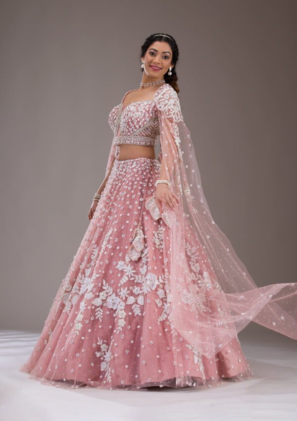 White Sequins Net Readymade Lehenga - Image 4