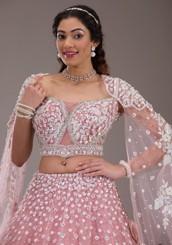 White Sequins Net Readymade Lehenga - Image 2