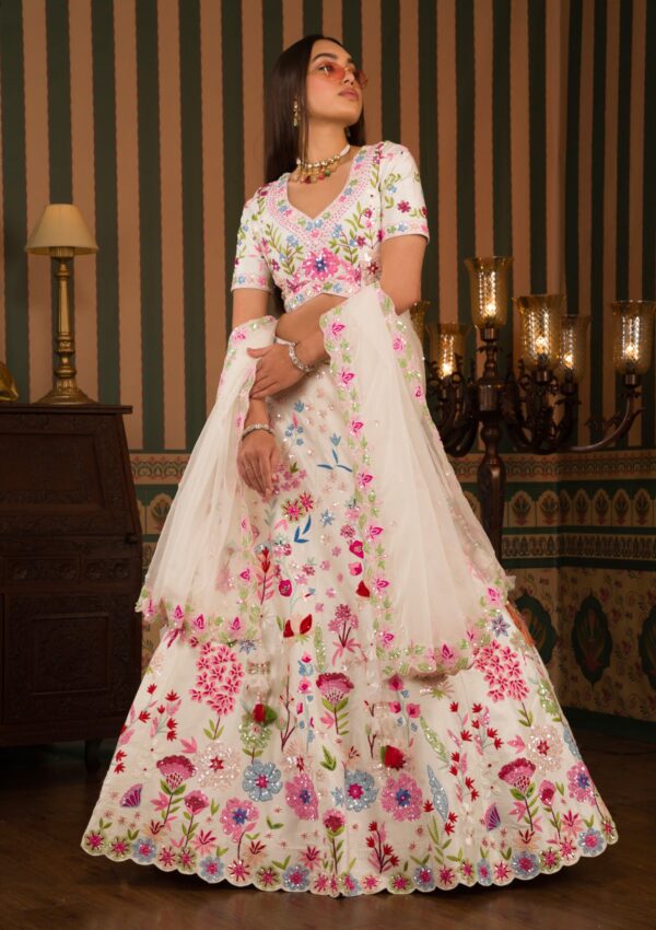 White Threadwork Raw Silk Readymade Lehenga
