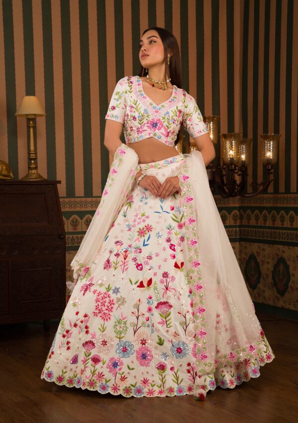 White Threadwork Raw Silk Readymade Lehenga - Image 4