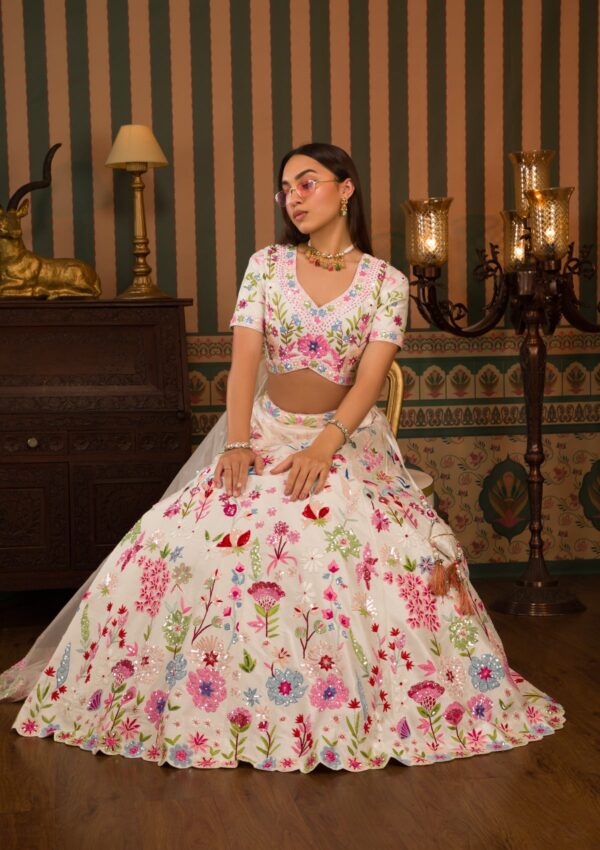 White Threadwork Raw Silk Readymade Lehenga - Image 3