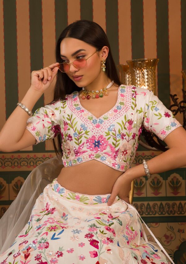 White Threadwork Raw Silk Readymade Lehenga - Image 2