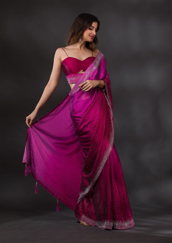 Ombre Wine Stonework Satin Designer Saree - Image 4