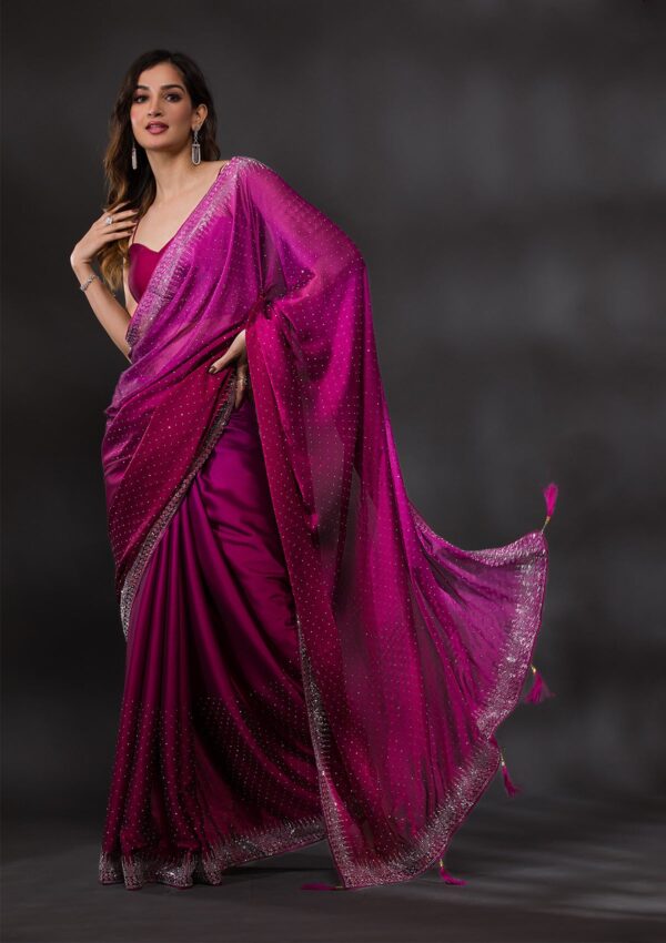 Ombre Wine Stonework Satin Designer Saree