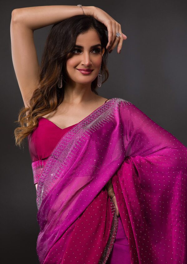 Ombre Wine Stonework Satin Designer Saree - Image 2