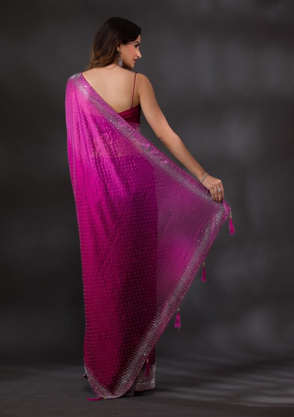 Ombre Wine Stonework Satin Designer Saree - Image 3