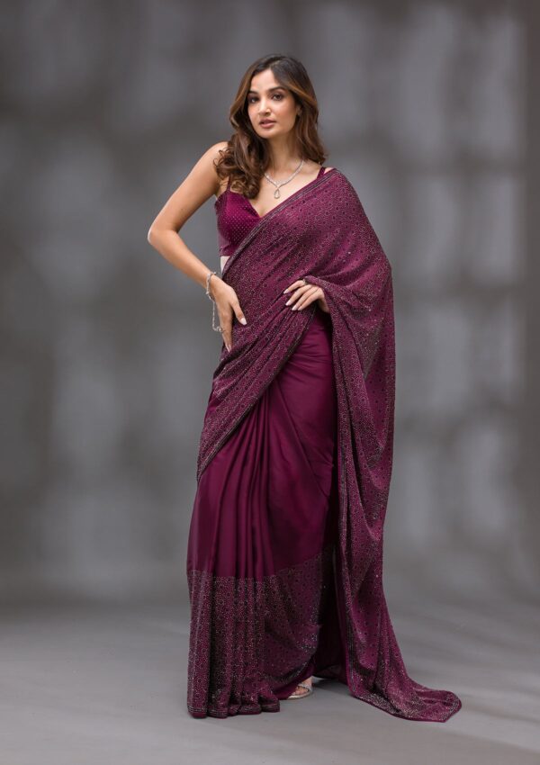Wine Swarovski Crepe Designer Saree