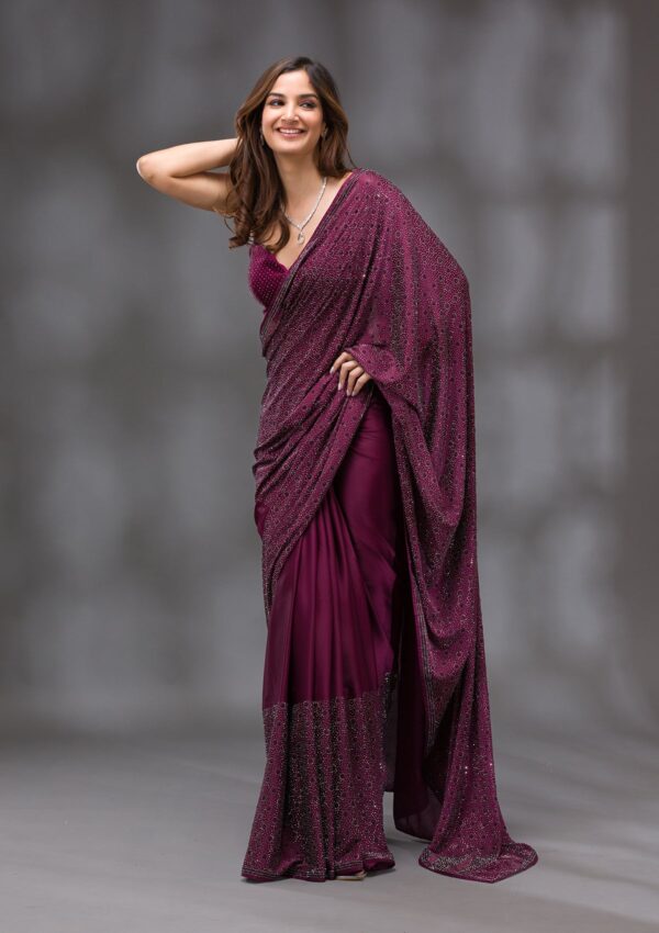 Wine Swarovski Crepe Designer Saree - Image 3