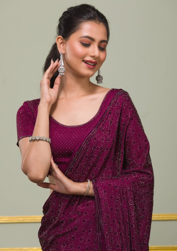Wine Swarovski Crepe Designer Saree - Image 2