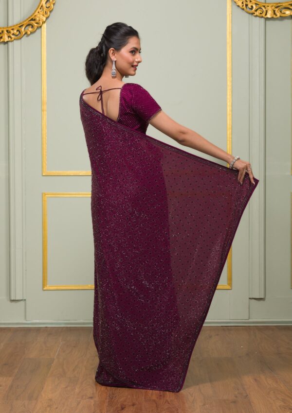 Wine Swarovski Crepe Designer Saree - Image 4