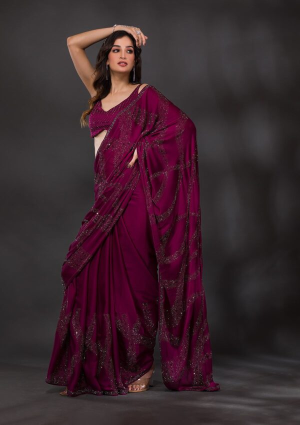 Wine Stonework Satin Designer Saree - Image 2