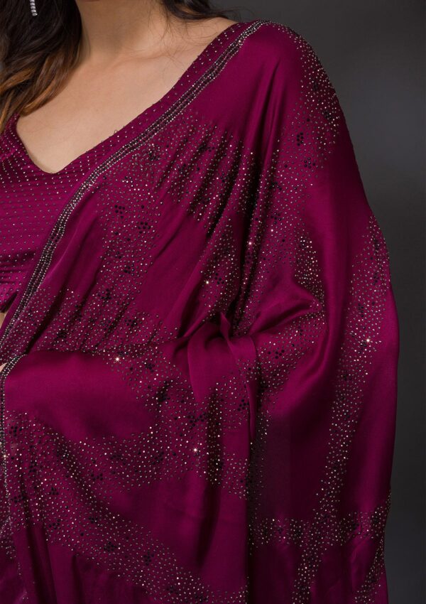 Wine Stonework Satin Designer Saree - Image 4