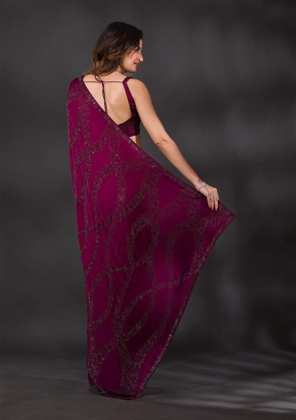 Wine Stonework Satin Designer Saree - Image 3