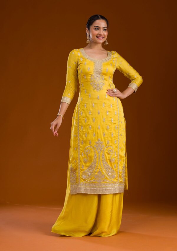 Yellow Zariwork Semi Crepe Readymade Salwar Suit - Image 3
