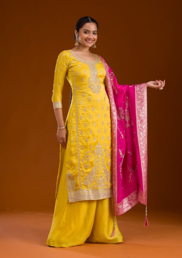 Yellow Zariwork Semi Crepe Readymade Salwar Suit - Image 2
