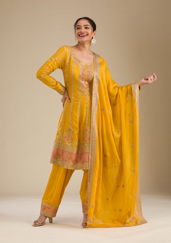 Yellow Zariwork Tissue Readymade Salwar Suit